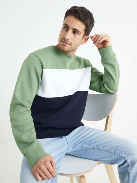 Celio Zeleno-čierna pánska pruhovaná mikina Celio Betrail