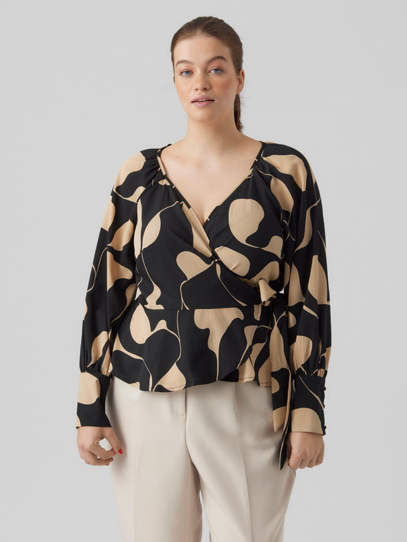 Vero Moda Curve Béžovo-čierna dámska vzorovaná blúzka so zaväzovaním VERO MODA CURVE Lydia