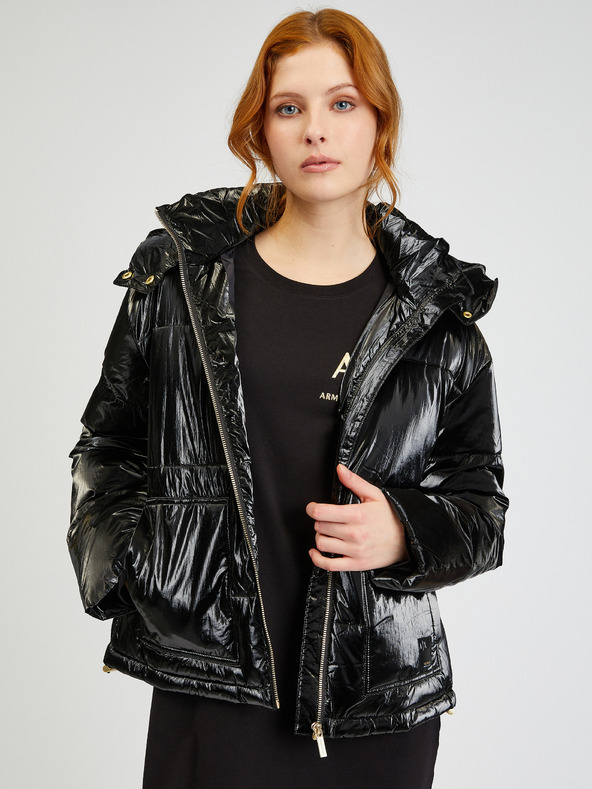 Armani Exchange Čierna dámska prešívaná lesklá bunda s odnímateľnou kapucňou Armani Exchange
