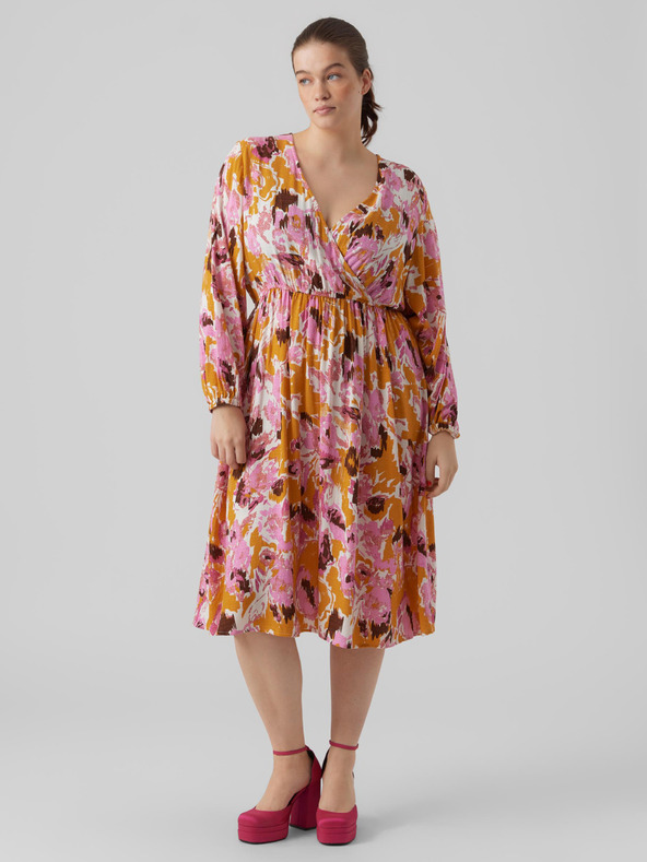 Vero Moda Curve Ružové dámske vzorované šaty VERO MODA CURVE Lis