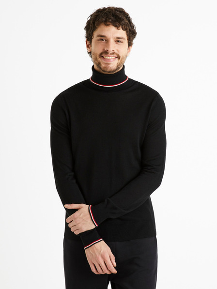 Celio Čierny pánsky sveter s rolákom s prímesou vlny Celio Deblack