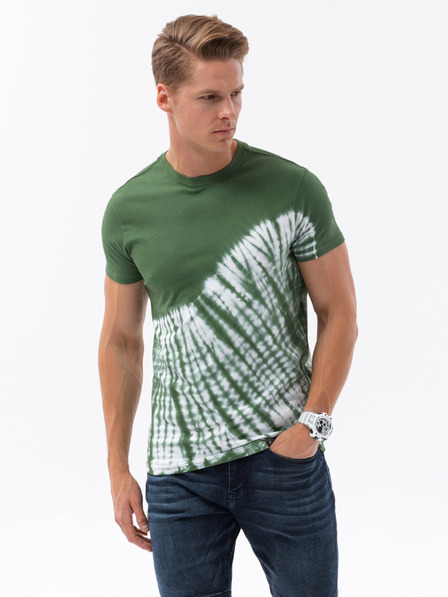Ombre Clothing Tmavozelené pánske batikované tričko Ombre Oblečenie
