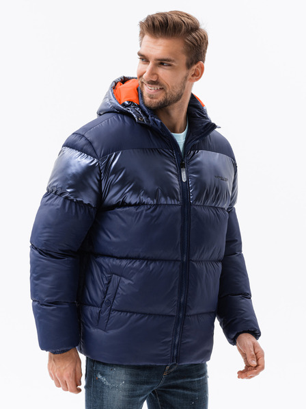 Ombre Clothing Tmavomodrá pánska prešívaná zimná bunda s kapucňou Ombre Clothing