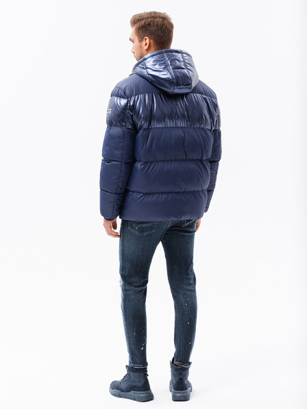 Ombre Clothing Tmavomodrá pánska prešívaná zimná bunda s kapucňou Ombre Clothing