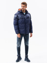 Ombre Clothing Tmavomodrá pánska prešívaná zimná bunda s kapucňou Ombre Clothing