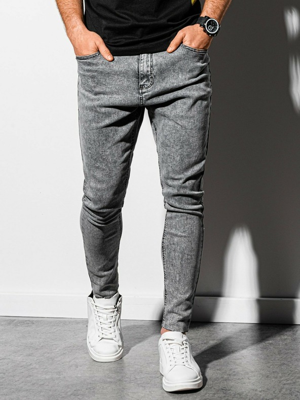 Ombre Clothing Šedé pánske orezané slim fit džínsy Ombre Oblečenie P923