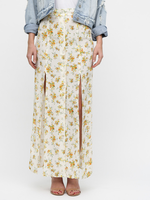 Miss Selfridge Krémová kvetinová maxi sukňa s rozparky Miss Selfridge