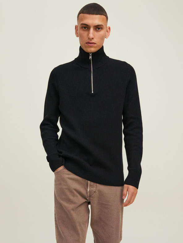 Jack & Jones Čierny pánsky rebrovaný sveter na zips Jack & Jones Perfect