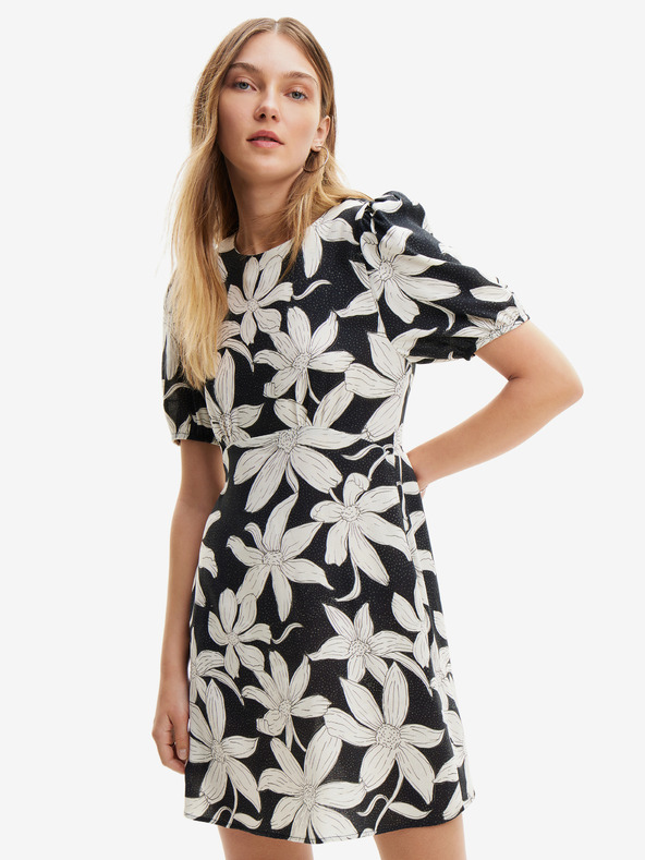 Desigual Desigual Nashville bielo-čierne dámske kvetované šaty