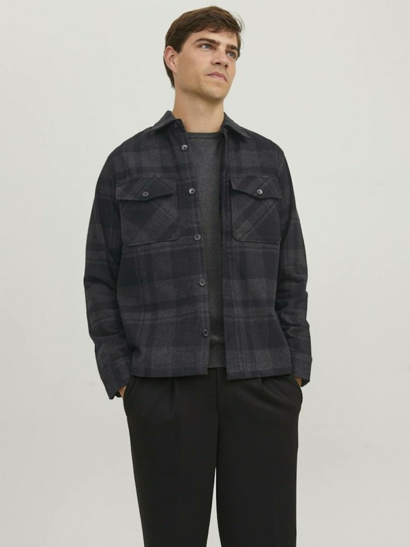 Jack & Jones Tmavo šedá pánska košeľa Jack & Jones Roy Checked Overhirt