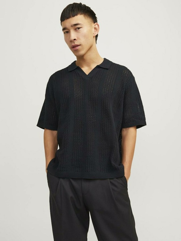 Jack & Jones Čierna pánska polokošeľa Jack & Jones Taormina