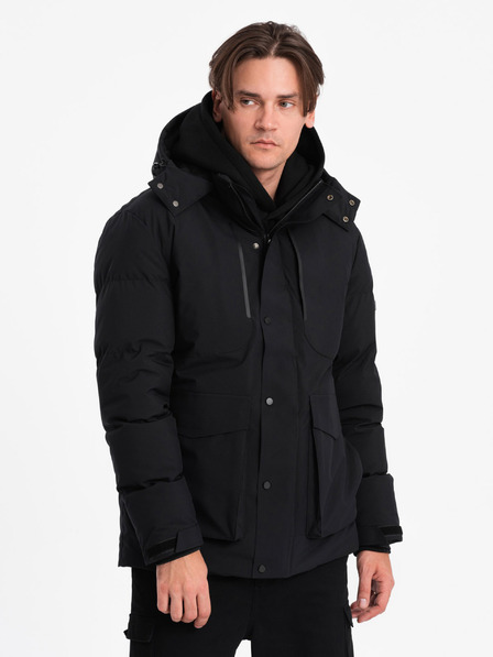 Ombre Clothing Čierna pánska prešívaná zimná bunda s kapucňou Ombre Oblečenie