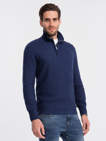 Ombre Clothing Tmavomodrý pánsky sveter s golierom Ombre Oblečenie