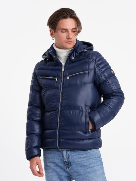 Ombre Clothing Tmavomodrá pánska prešívaná zimná bunda s kapucňou Ombre Oblečenie