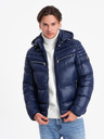 Ombre Clothing Tmavomodrá pánska prešívaná zimná bunda s kapucňou Ombre Oblečenie