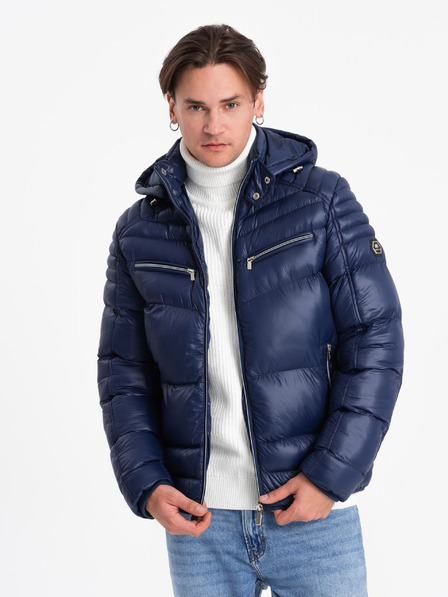 Ombre Clothing Tmavomodrá pánska prešívaná zimná bunda s kapucňou Ombre Oblečenie