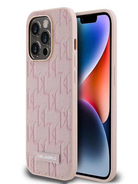 Karl Lagerfeld PU kožený zadný kryt Monogram Metal Logo Magsafe pre iPhone 14 Pro Max Pink Karl Lagerfeld