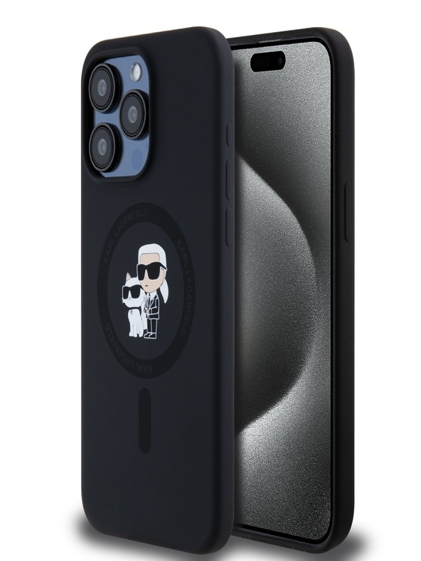 Karl Lagerfeld Tekutý silikón Karl a Choupette Magsafe zadný kryt pre iPhone 15 Pro Max čierny Karl Lagerfeld