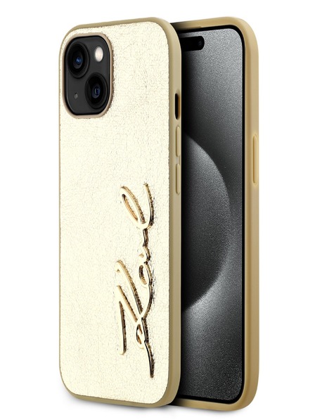 Karl Lagerfeld PU zadný kryt so zvrásneným podpisom a logom pre iPhone 15 zlatý Karl Lagerfeld