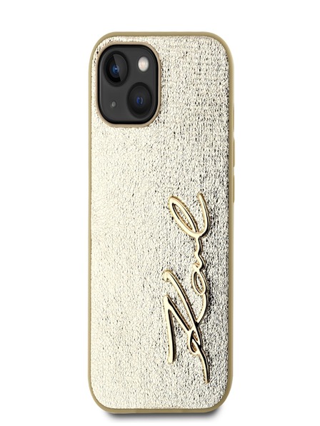 Karl Lagerfeld PU zadný kryt so zvrásneným podpisom a logom pre iPhone 15 zlatý Karl Lagerfeld