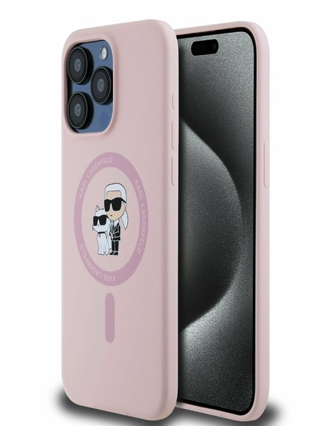 Karl Lagerfeld Tekutý silikónový zadný kryt Karl and Choupette Magsafe pre iPhone 15 Pro Max Pink Karl Lagerfeld