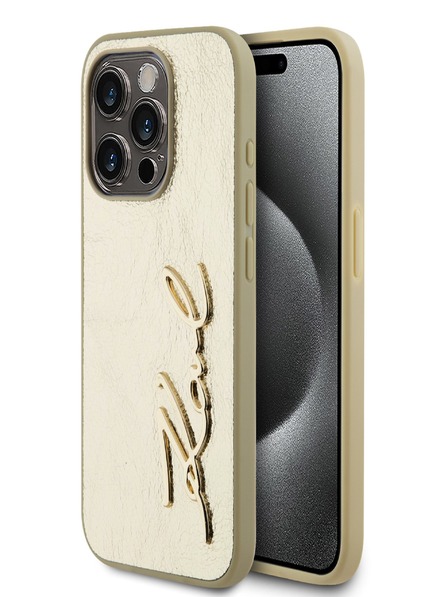 Karl Lagerfeld Vrásčitý zadný kryt PU Signature Logo pre iPhone 15 Pro Gold Karl Lagerfeld