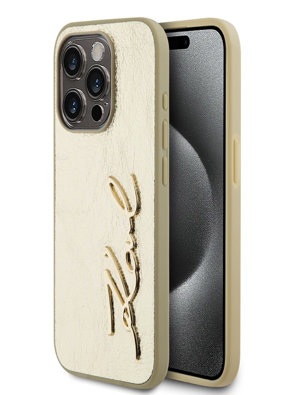 Karl Lagerfeld Vrásčitý zadný kryt PU Signature Logo pre iPhone 15 Pro Gold Karl Lagerfeld