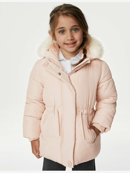 Marks & Spencer Svetloružová dievčenská zimná bunda s umelou kožušinou Marks & Spencer