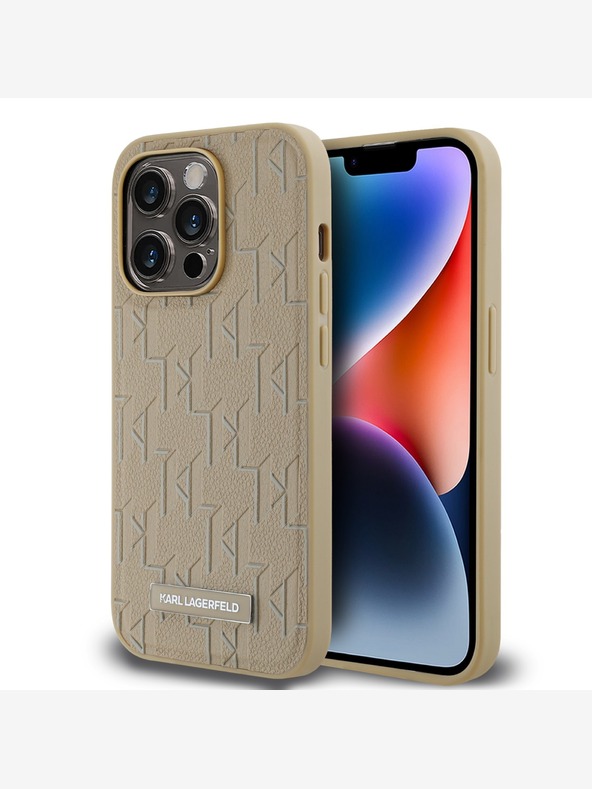 Karl Lagerfeld PU kožený zadný kryt Monogram Metal Logo Magsafe pre iPhone 15 Pro Max Beige Karl Lagerfeld